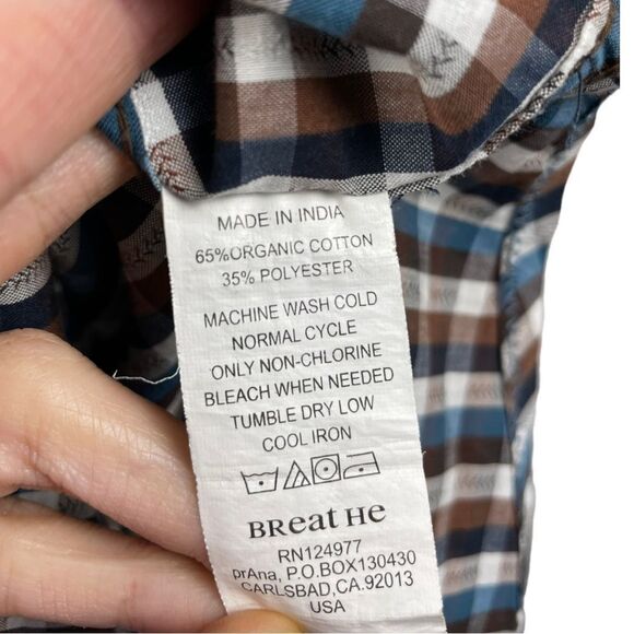 * 𝅺PRANA Brown/Blue Check Plaid Short Sleeve Shirt Size L - Picture 6 of 6